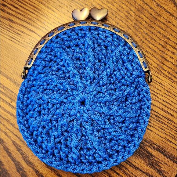 Hand Made, No Brand Handbags - Vtg Style Cottagecore Boho Hand Crocheted Blue Coin Purse with Kiss Lock